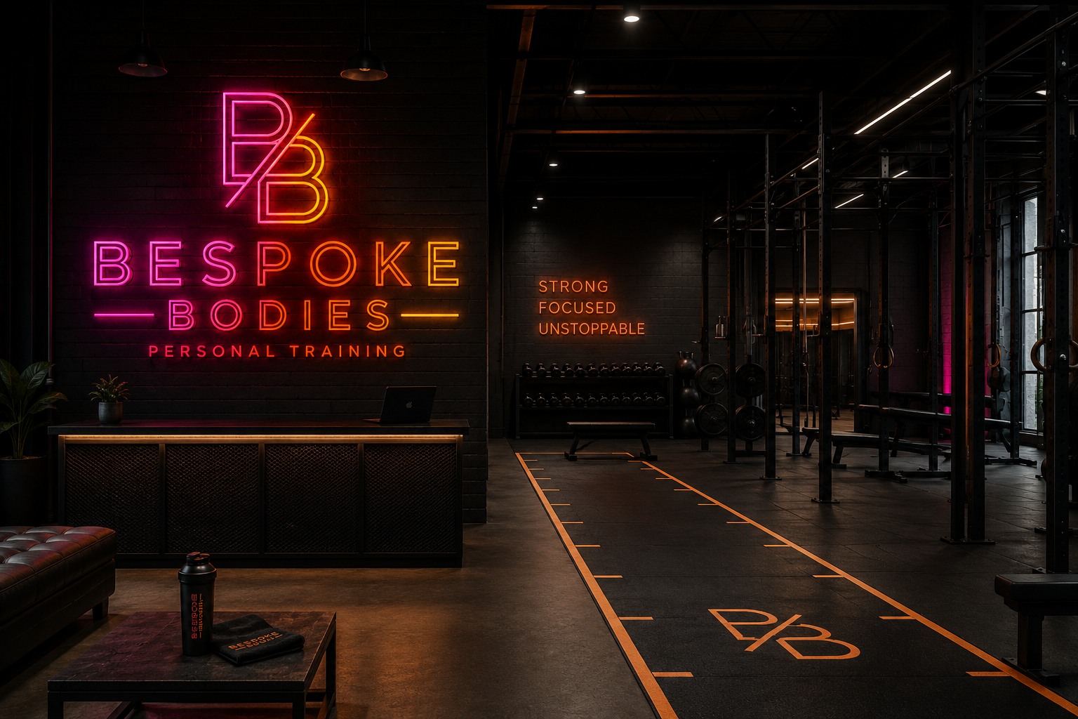 Bespoke Bodies gym interior visualisation with neon signage