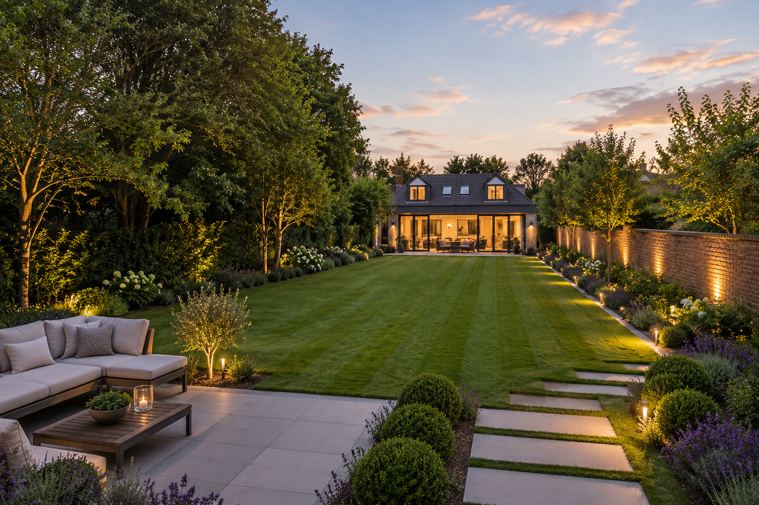 Landscaped garden with evening lighting